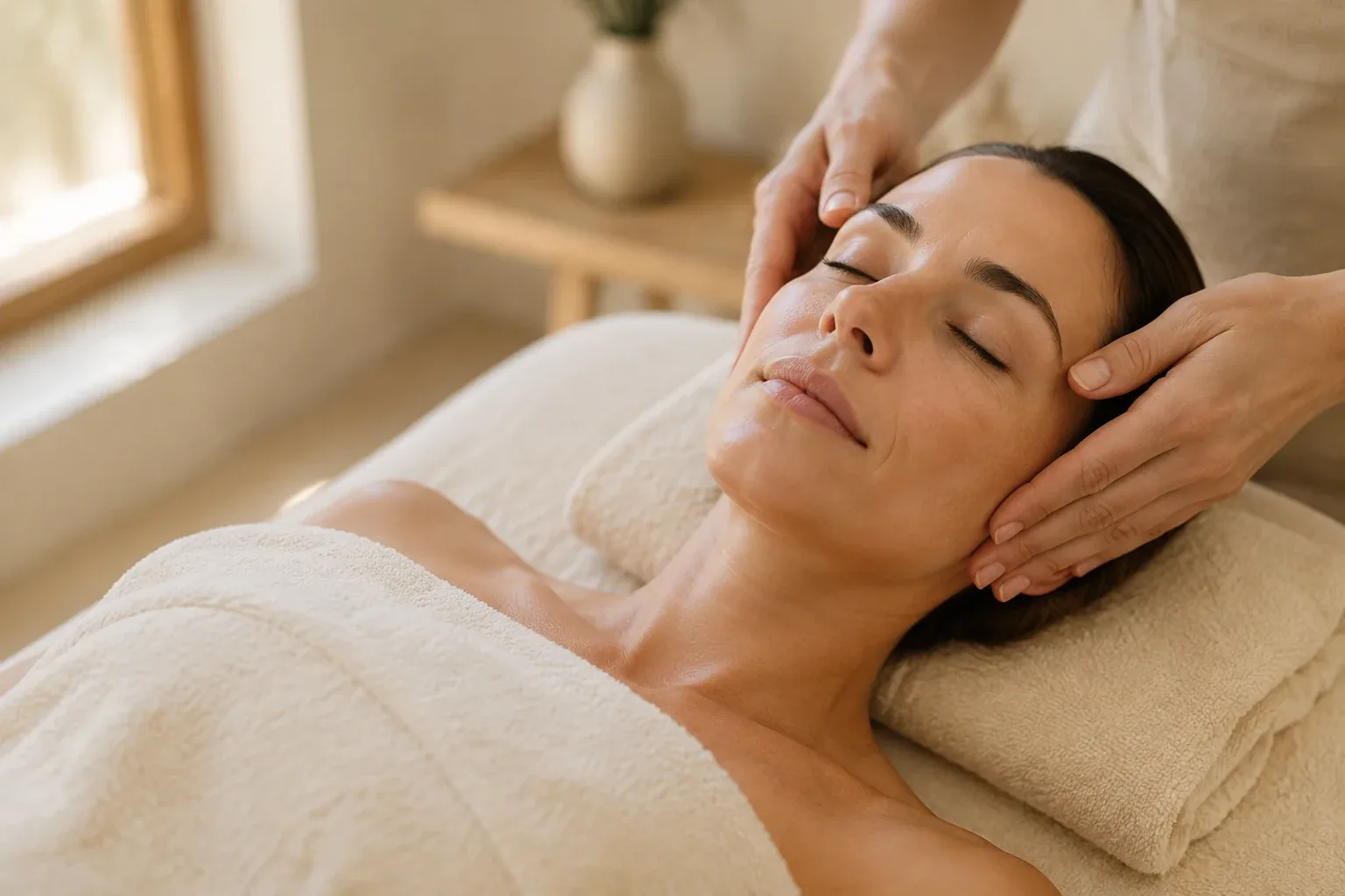 Illustration générée — massage doux du visage dans un institut