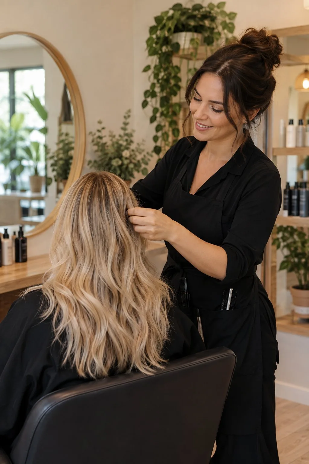 Illustration générée — coiffeuse travaillant les cheveux d’une cliente