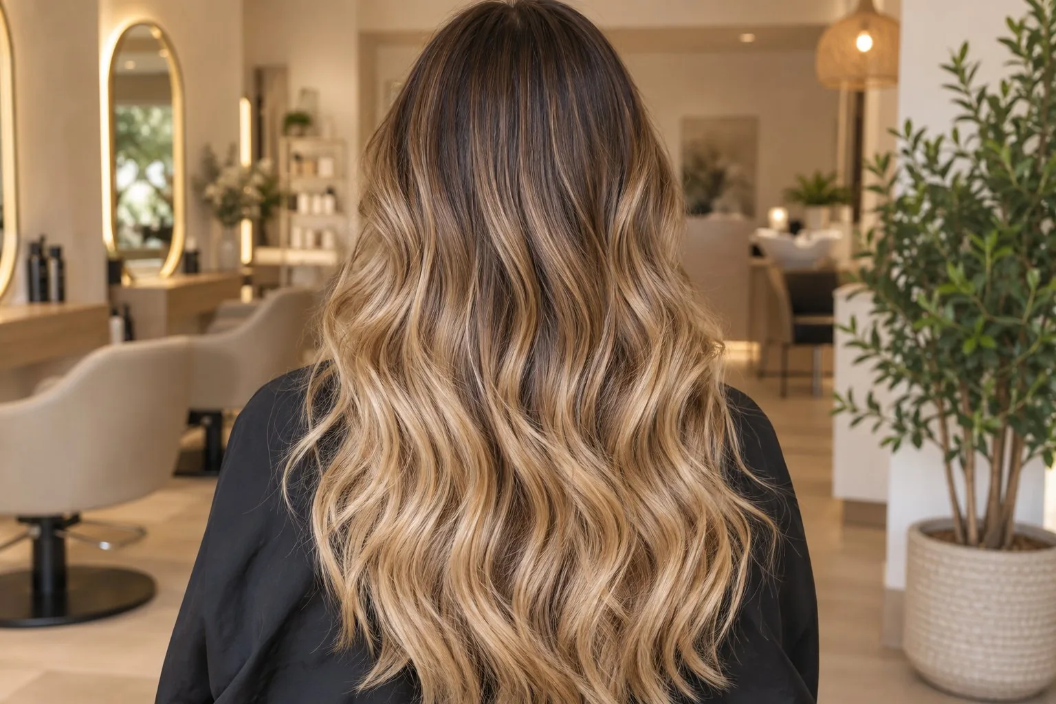 Illustration générée — longue chevelure ondulée aux nuances blond caramel, vue de dos