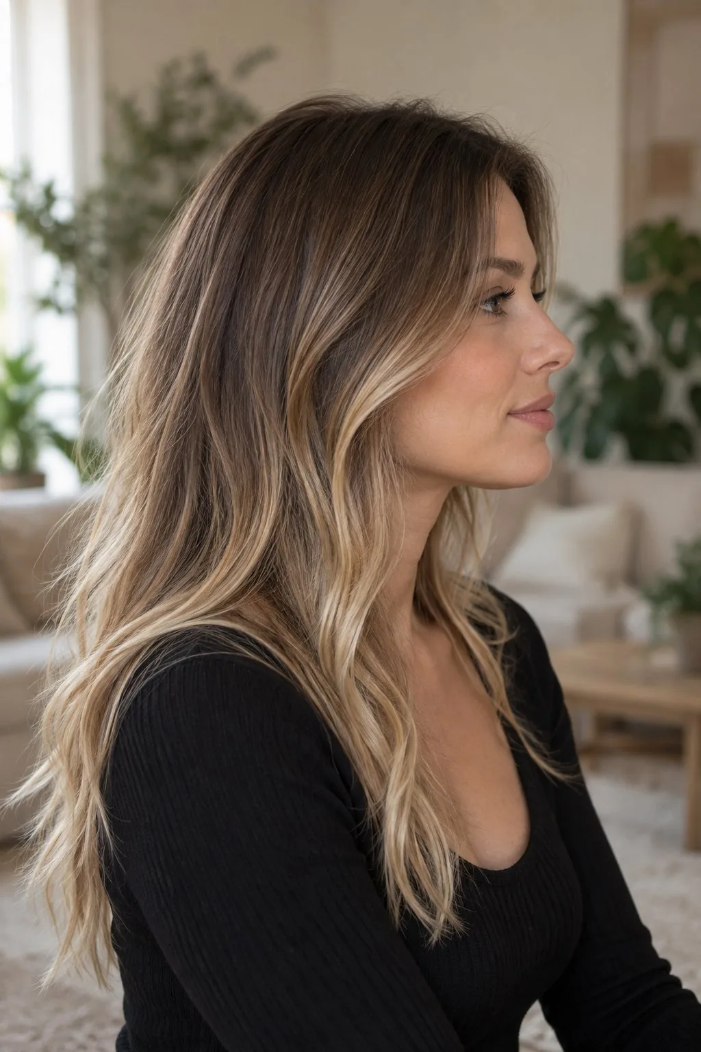 Illustration générée — ombré blond sur racines brunes, de profil