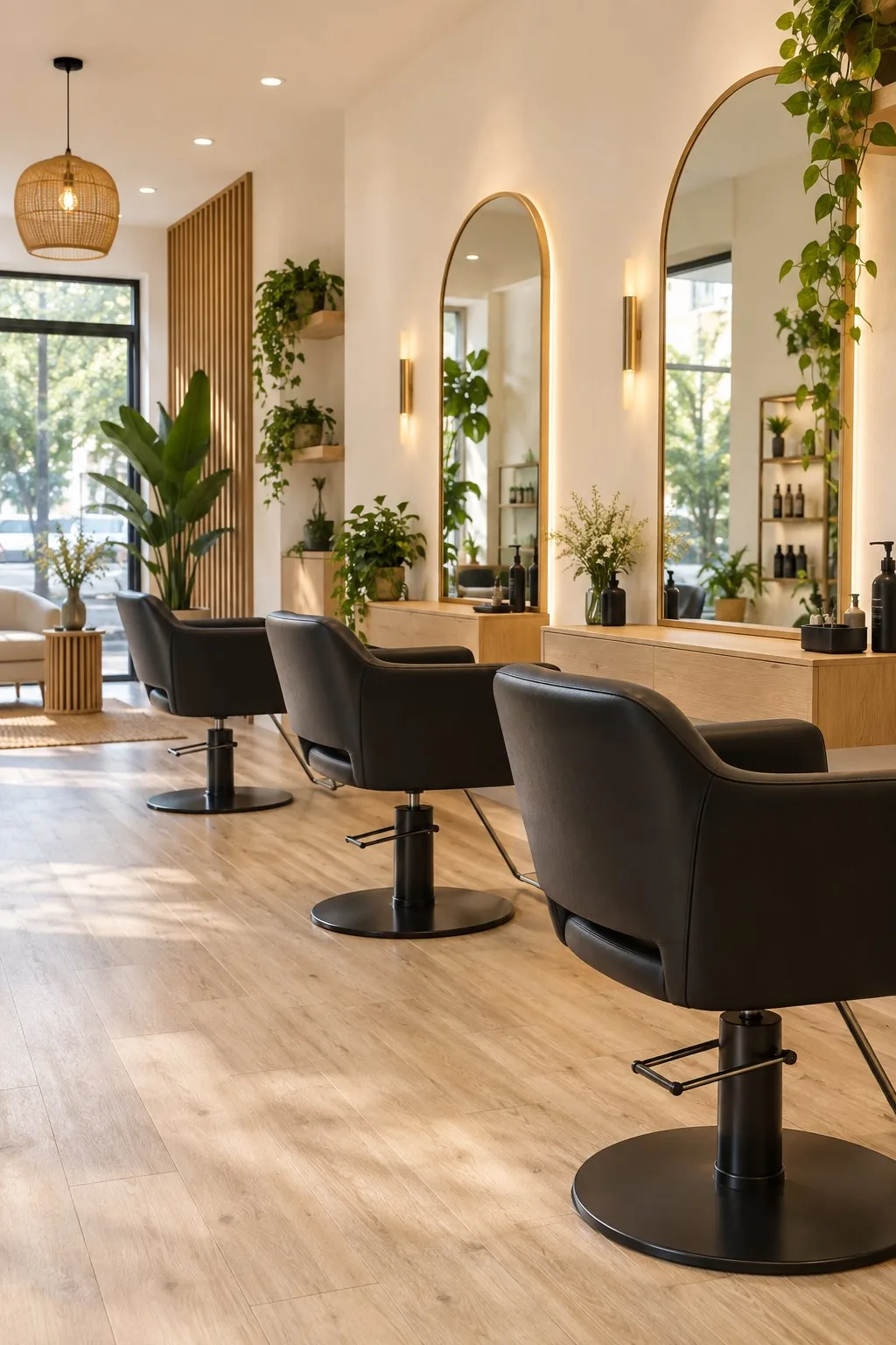 Illustration générée — salon chaleureux, miroirs, bois clair et plantes