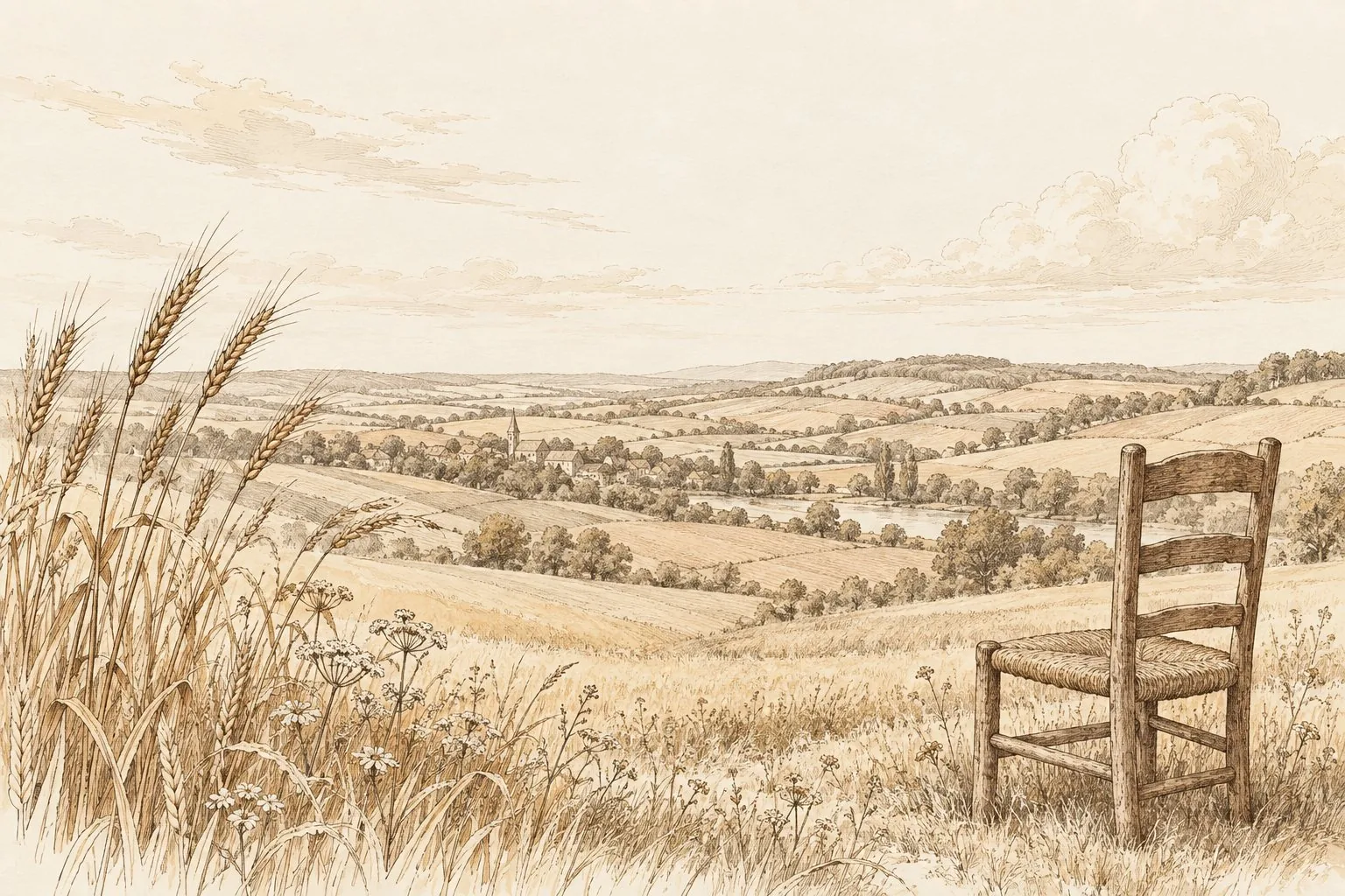 Illustration générée — chaise en bois, épis et champs vallonnés d’une campagne imaginaire