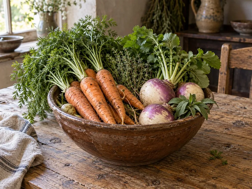Photo d’illustration générée — carottes, navets et herbes fraîches dans un saladier en grès