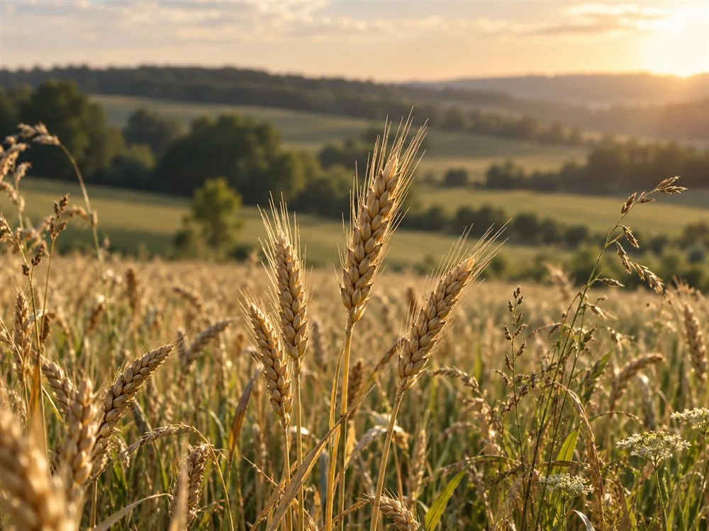 Photo d’illustration générée — épis dorés et prairie à la lumière du soir