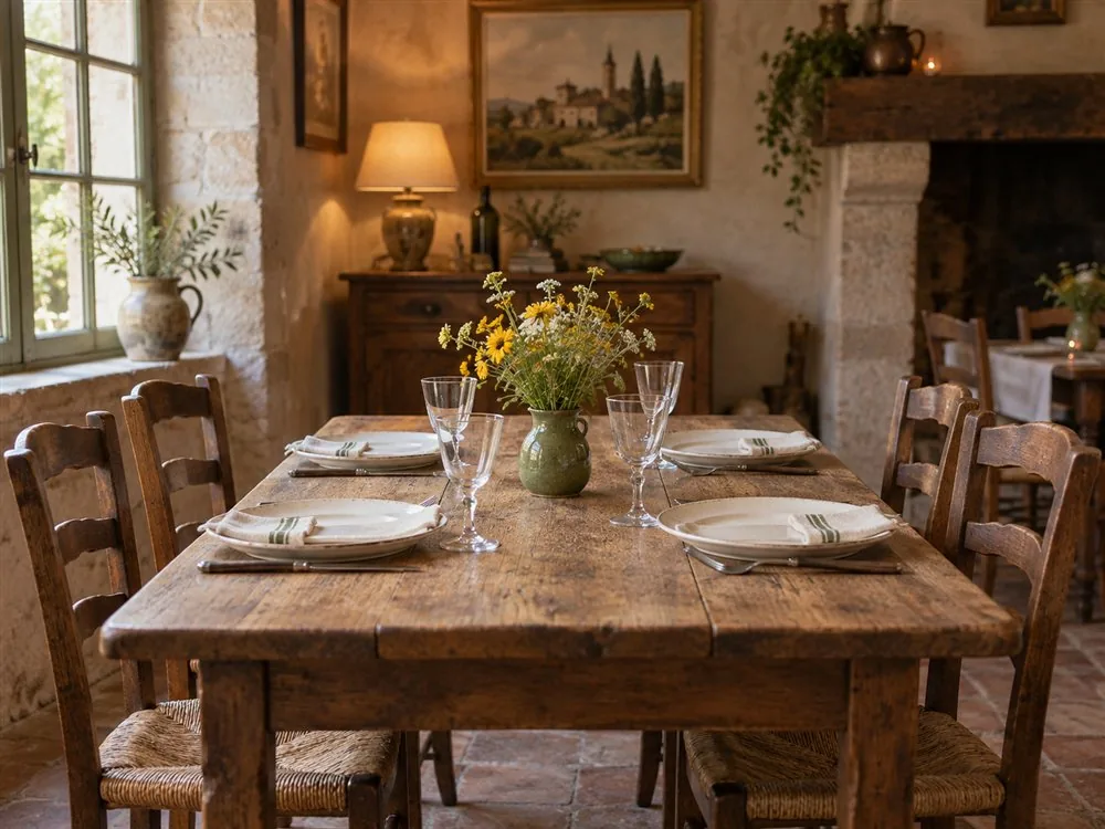 Photo d’illustration générée — table en bois dressée et bouquet de fleurs jaunes dans une auberge imaginaire