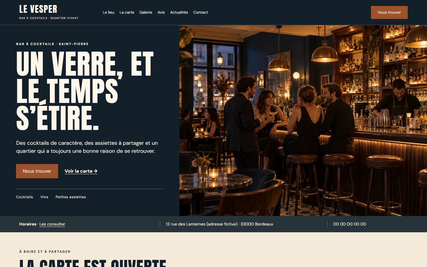 Capture du site Le Vesper, bar fictif construit avec le template dédié.